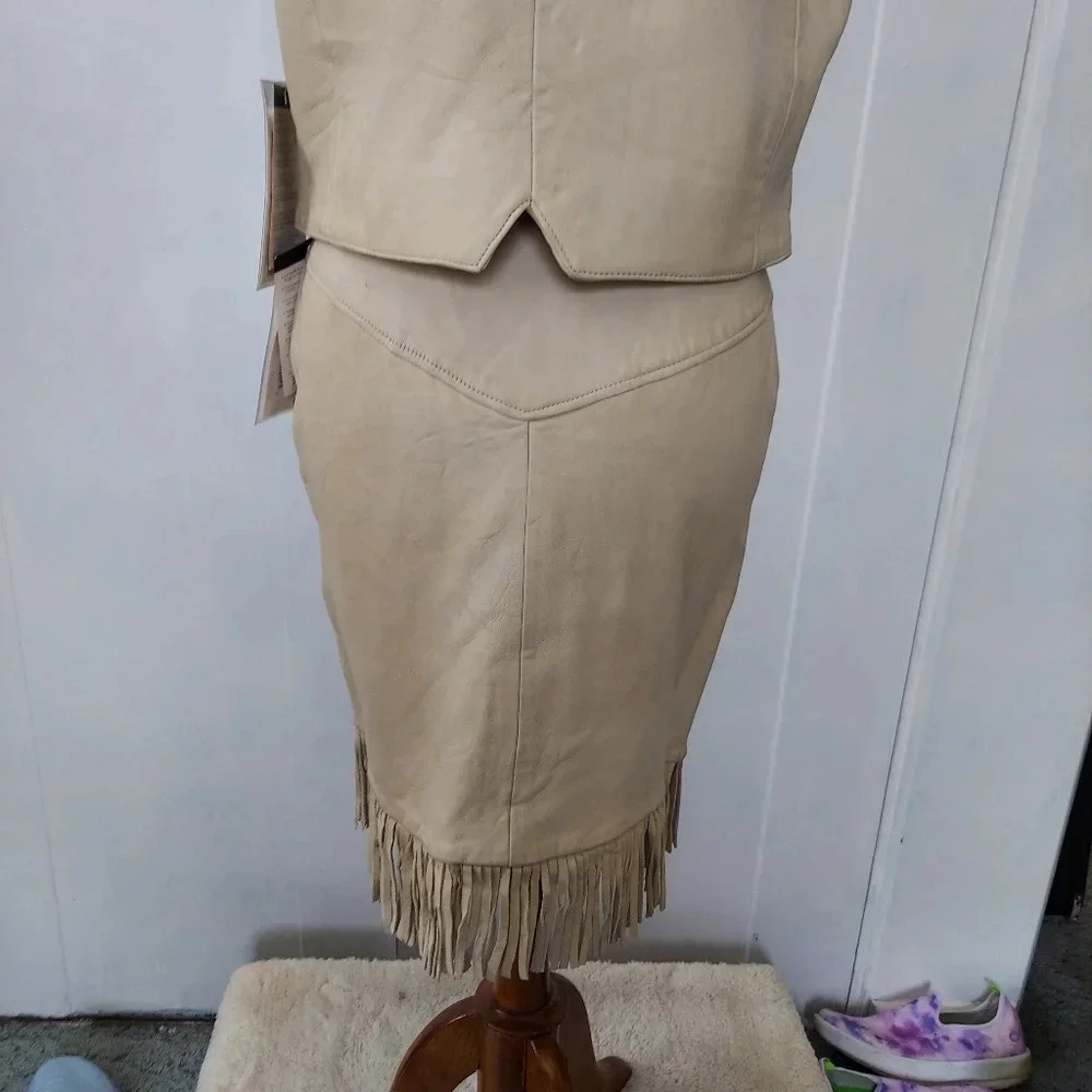 Pioneer Wear Vintage NOS Cream Leather Button Down Front Fringed A-Line Skirt‎